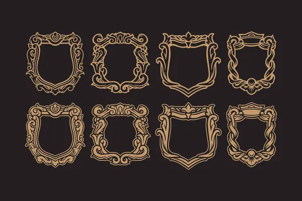 Filigran çiçekli arma rozet çerçeve taslak vektör seti. Barok yaprakları arma amblem yaması dekoratif kenarları doldurulmuş, düğün, güzellik, moda için kabartma illüstrasyon koleksiyonu