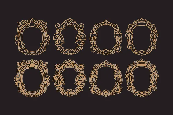 Barok çiçekli altın çerçeve rozet taslak vektör seti. Filigran yaprakları, arma amblem yaması, dekoratif kenarlar düğün, güzellik, moda için kabartma çizim koleksiyonu
