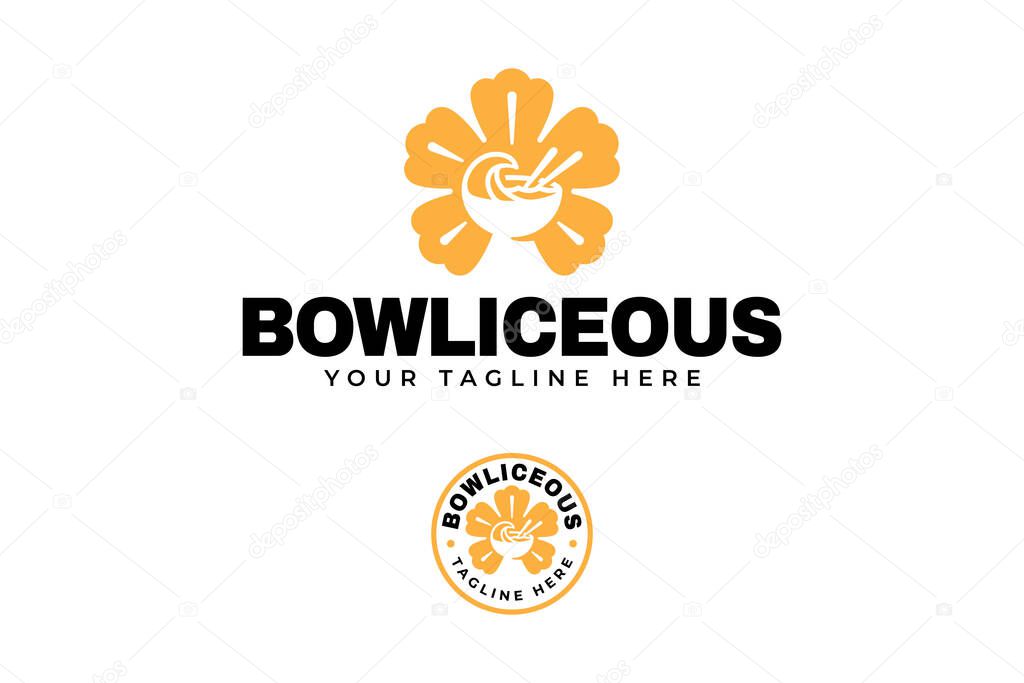 Poke bowl with bowl, wave, chopsticks, hawaiian flower, soup food modern illustration badge logo design set for food courts, restaurant, eatery, cafeteria business