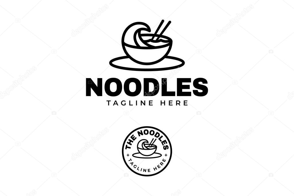 Noodle food with wave ocean, chopstick and bowl outline line art illustration badge logo design set for food courts, restaurant, eatery, cafeteria business