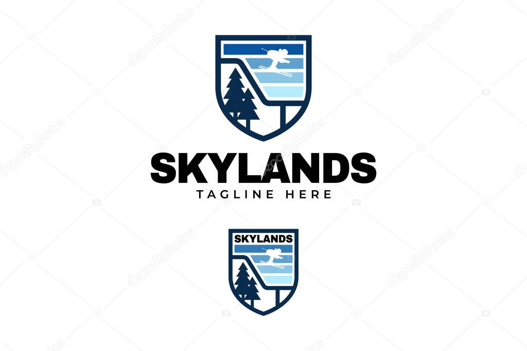 Snow ice skating sport with ski jumping, track, blue sky, trees modern shield badge logo design set for skier and snowboard sport club and tournament