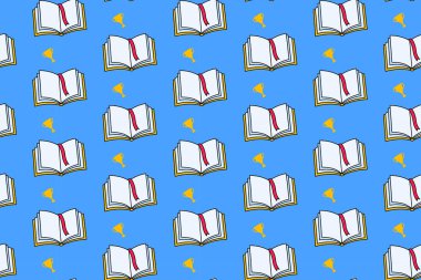 Mavi arka planda renkli ve pürüzsüz iplik ve kupa okulu kırtasiyesi olan açık bir kitap. Kurdele ve kupa karalama desenli kitap. Arka plan çocukları, okul, üniversite, bilim.