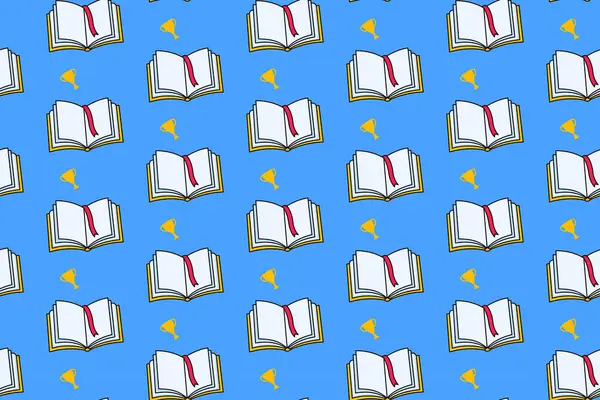 Mavi arka planda renkli ve pürüzsüz iplik ve kupa okulu kırtasiyesi olan açık bir kitap. Kurdele ve kupa karalama desenli kitap. Arka plan çocukları, okul, üniversite, bilim.