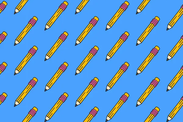 Kauçuk bilezik okul kırtasiyesine sahip kalem mavi arka planda renksiz desen. Tahta kalemle silgi karalama desenli arka plan çocukları, okul, üniversite, bilim