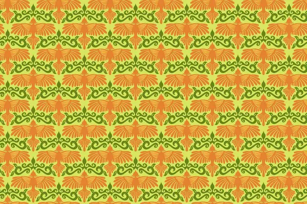 Yeşil arka planda yaprakları kıvrımlı, pürüzsüz desenli uçan kuş. Kartal, çiçek yapraklarıyla uçar. Güzellik modası için karalama süsü dekorasyonu.