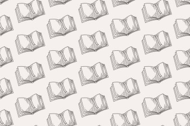 Yer imleriyle kusursuz bir kitap deseni. Kırtasiye malzemeleri, kitapçılar, kütüphaneler, eğitim malzemeleri ve edebiyat temalı tasarımlar için mükemmel. Yazdırma ve dijital projeler için ideal.