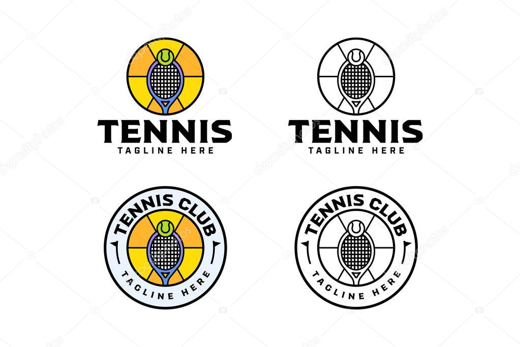 Tennis racket, ball with sunset line art illustration logo design. tennis racquet, ball with sunset, sunburst circle badge logo design set for tennis sport club and tournament