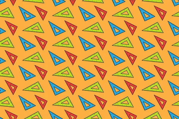 Üçgen cetvelleri sarı arkaplanda renksiz desenli. Üçgen karalama dekorasyonu çocuklar, okul, eğitim, bilim ürünleri
