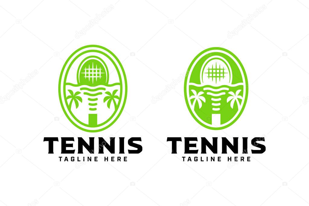 Tennis racket with beach, sea wave, sunset and tree palm line art illustration logo design. beach and palm tree with tennis racquet shape filled logo design set for tennis sport club and tournament