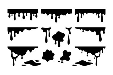 Siyah sümüksü siluet vektör seti. Eriyen mürekkep ya da boya damlayan siyah çizim koleksiyonu. Koyu sıvı damlalı sınır dekorasyon elemanı paketi. Dök, dök, dök, dök, dök