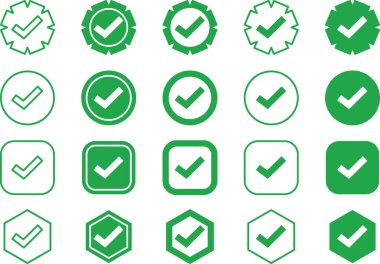 İşaretli yeşil simge düğmesi ayarlandı. Çerçeve işaretli sembol koleksiyonunu kontrol et. Yeşil kutucuk vektör illüstrasyon paketi. İşaretleme simgesi sembollü kalite garantisi.