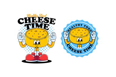 Peynirli tekerlek yiyecekleri retro maskot illüstrasyon logosu ve el pozu. Sağlıklı abur cubur markasına gülümseyen çedar karakteri. Çocuk çerezi ve yemek için komik peynir bloğu maskotu