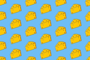Mavi arka planda peynir dilimsiz desen. Çedar renkli karalama desenli arka plan. Peynirler motif duvar kağıdını izole eder. Gıda etiketi, ambalaj ve ürün