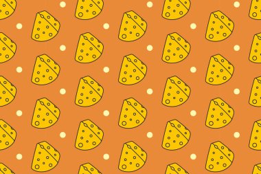 Bronz arka planda noktasız çizgili peynir dilimi. Peynir rengarenk karalama desenli arka planı bozar. Çedar gouda motif duvar kağıdı izole. Gıda etiketi, ambalaj ve ürün