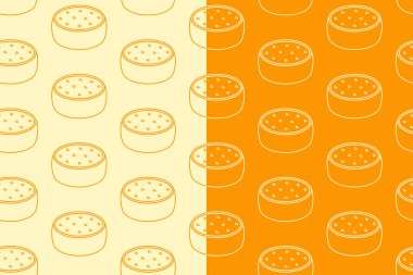 Peynir tekerlekleri sarı beyaz arka planda kusursuz çizgiler çiziyor. Peynir bloğu çizgisel karalama kalıbı arka planı. Çedar ana hatları izole edilmiş motif duvar kağıdı. Gıda etiketi, ambalaj ve ürün