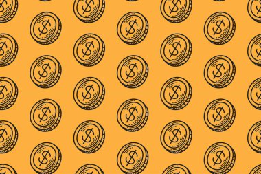 Dolar yongalı poker hattı, sarı arka planda kusursuz sanat eseri. Para sikkesi kumarhanesi kabartma kalıpları. Yazı tura atma motifi duvar kağıdı. Vektör İllüstrasyonu