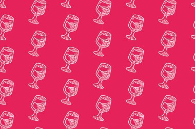 Pembe arka planda şarap kadehi işlemeli, kusursuz desen var. Kokteyl ürün çizgisi karalama modeli arka planı. Alkol içecekleri yumurtadan çıkan motif duvar kağıtları. Vektör İllüstrasyonu