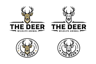 Vahşi geyik hayvan retro logo vektör tasarımı. Avlanma, macera ve açık hava için ayarlandı. Geyik başlı klasik rozet logosu grafik koleksiyonları. Geyik boynuzu illüstrasyon element tasarım paketi. Görüntü vektörü