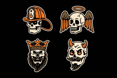 Kafatası itfaiyeci miğferi, melek kanatları, taç kralı ve şeytan retro illüstrasyon vektör logosu spor, oyun kulübü maskotu, dövme ve ürün seti