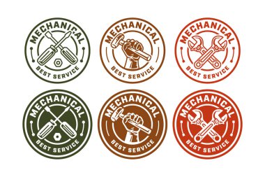 Mekanik tamir aletleri retro logo seti. Atölye garajı servis antika amblem logo tasarım koleksiyonları. Tornavida vidayla çapraz, İngiliz anahtarı çapraz, çekiç tutan el. Vektör İllüstrasyonu