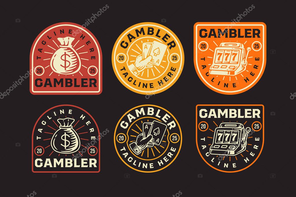 Money bag, slot machine, playing cards retro badge logo vector design set for entertainment. Gambling vintage emblem logo graphic collections. 77 slot, poker card, cash bag illustration label elements