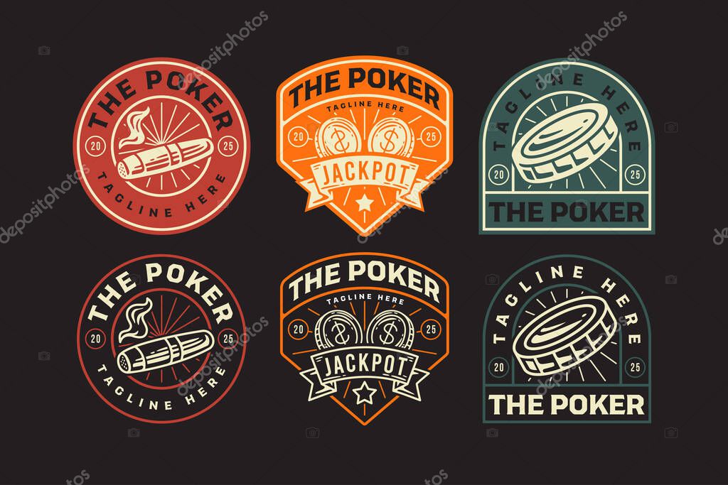 Cigar, chips, jackpot retro badge logo vector design set for games. Jackpot ribbon, chip, smoke cigar vintage emblem logo graphic collections. Gambling poker betting illustration label element designs