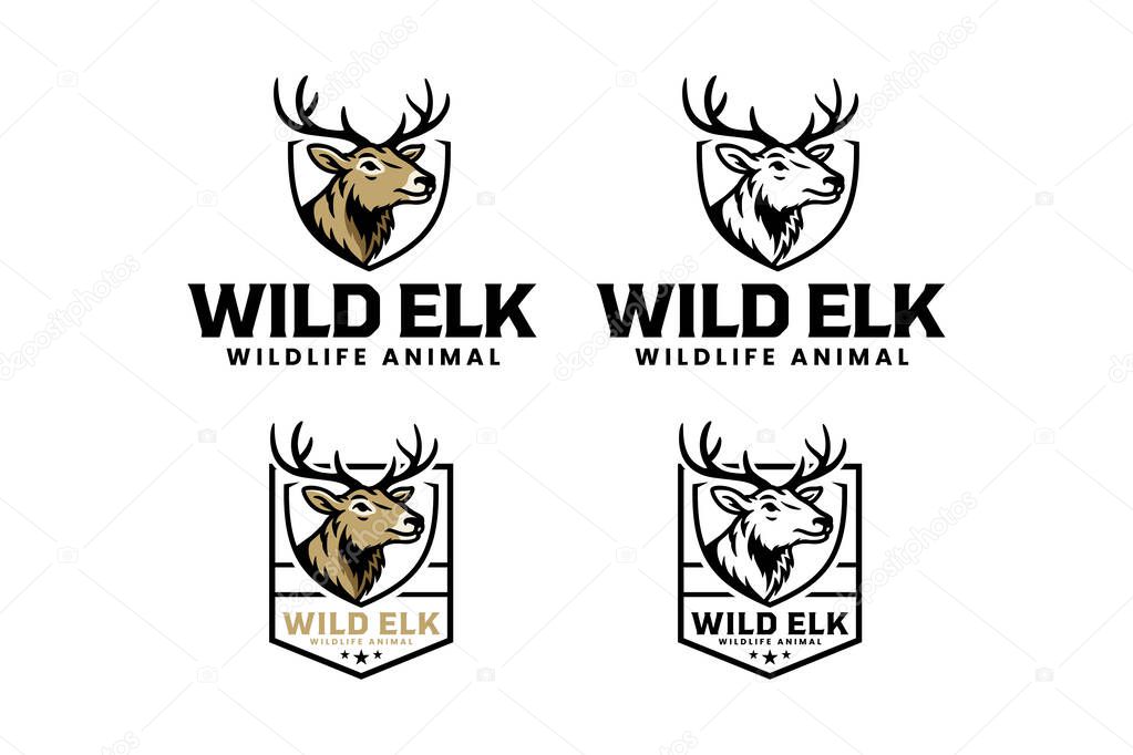Elk wild animal retro logo vector design set for hunting, adventure, outdoor. Wild elk head vintage badge logo graphic collections. Strong deer mascot illustration label element designs