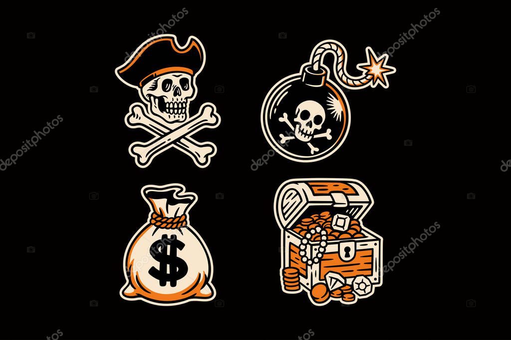 Pirate skull, treasure chest, bomb and dollar bag retro illustration vector design set for merchandise. Skull crossbones, treasure, coin bag, bomb with fuse vintage cartoon logo graphic collections.