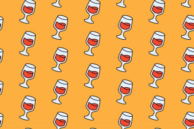 Mallar için sarı arka planda şarap kadehleri var. Alkol içeceği renkli karalama desenli arka plan. Kırmızı şarap izole edilmiş motif duvar kağıdı içer. Vektör İllüstrasyonu