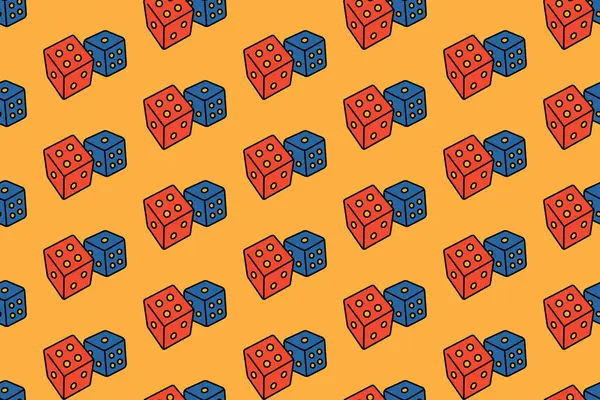 Çift zarlı, sarı arkaplanlı, kusursuz bir mal. Kumarhane zar oyunu renkli karalama desenli arka plan. Kumar zarları izole edilmiş motif duvar kağıdı. Vektör İllüstrasyonu