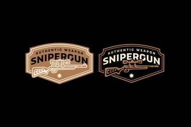 Nişancı silahı, nişancı, macera ve açık hava için geçmişe dönük rozet logosu tasarımı ayarlandı. Tüfekli, antika amblem amblem grafik koleksiyonları. Askeri silah illüstrasyon elementi tasarımı