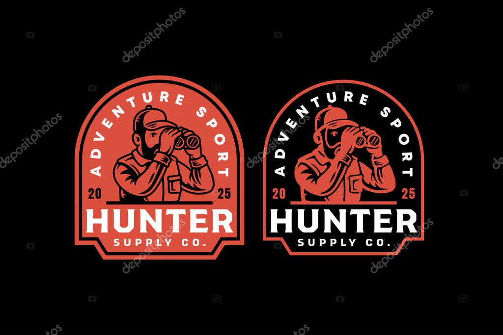 Hunter with binocular retro badge logo vector design set for adventure, outdoor. Man with binocular vintage emblem logo graphic pack. Bearded man with telescope illustration label element designs