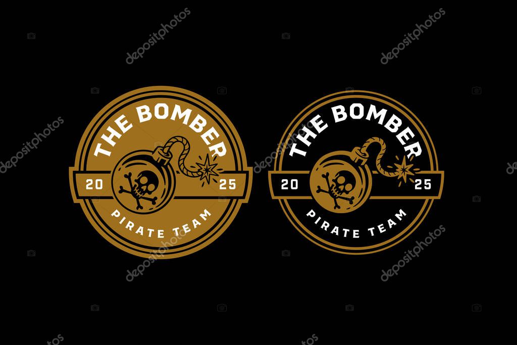 Bomber pirate team retro badge logo vector design set for cruiser, adventure. Pirate bomb vintage emblem logo graphic collection. Bomb round with burned illustration label element designs