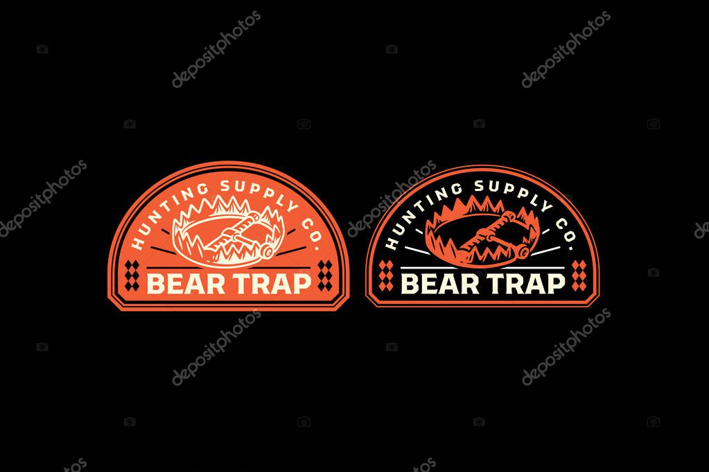 Bear trap hunting retro badge logo vector design set for adventure, outdoor. Deadfall trap vintage emblem logo graphic pack. Snare pitfall equipment illustration label element design