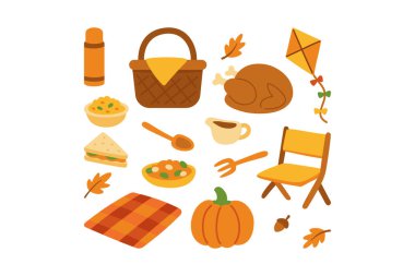 Piknik sepeti, battaniye, termos, sandviçler, salata, çatal bıçak takımı, balkabağı, Türkiye, sandalye, uçurtma renkli simgeler seti. Açık havada şükran günü pikniği çizgi film tasarım koleksiyonu. Vektör illüstrasyonu.