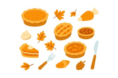 Balkabağı turtası, elmalı turta, tart, krema, pastane, pasta, çatal, tabak, mısır, akçaağaç yaprağı renkli simgeler seti. Şükran Günü pastası, çizgi film tasarım paketi. Vektör illüstrasyonu.