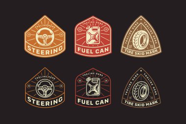 Araba direksiyonu, yakıt bidonu, araba lastiği eski rozet logosu seti. Lastik izi, yakıt, direksiyon klasik amblem amblem amblem grafik paketi. Yarış, atölye, otomotiv, tamircilik. Vektör İllüstrasyonu
