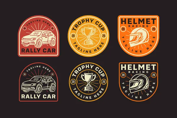 Yarış arabası, kupa, yarış kaskı retro rozet logosu tasarımı seti. Baş gardiyan, kupa, otomobil rallisi klasik amblem amblem grafik paketi. Yarış, Otomotiv, Atölye, Sürüklenme. Vektör İllüstrasyonu