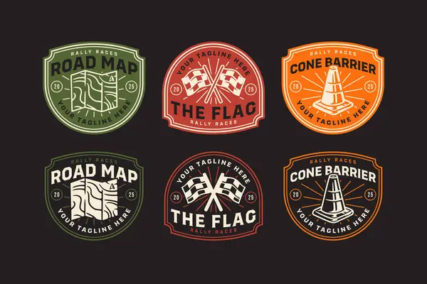 Yol haritası, kareli bayrak, koni bariyeri retro rozet logo vektör tasarımı seti. Retro yarış amblemi logoları, harita, bayrak, koni. Ralli sporu, Otomotiv, Motorsport, Drift. Vektör İllüstrasyonu