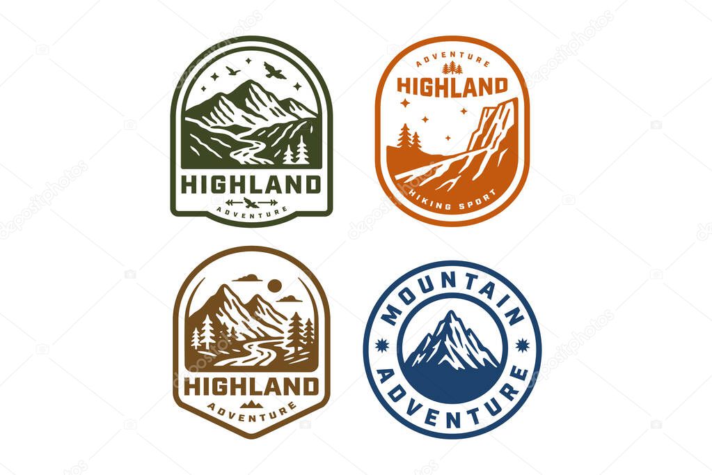 Mountain and forest adventure logo badge bundle. Retro outdoor emblem set with hiking and hill theme. Highlands forest explorer patch pack. Rustic nature and trekking sticker. Vector illustration