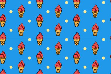 Dondurma külahı mavi arka planda kıvrımsız desenli. Tatlı dondurma renkli karalama desenli arka plan. İzole edilmiş tatlı motifli duvar kağıdı. Kafeler ve şekerci dükkanları