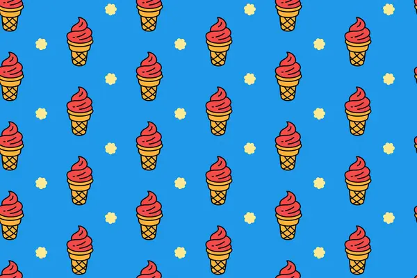 Dondurma külahı mavi arka planda kıvrımsız desenli. Tatlı dondurma renkli karalama desenli arka plan. İzole edilmiş tatlı motifli duvar kağıdı. Kafeler ve şekerci dükkanları