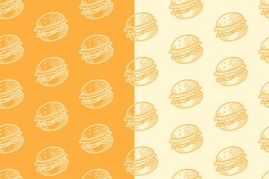 Marullu hamburger, sığır eti, peynirli gravür kalıbı sarı beyaz arka planda. Hamburger fast food yumurta karalama motifi motif arka planı. Restoran yemekleri ambalajı. Vektör İllüstrasyonu