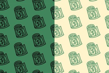 Bir yığın banknot, yeşil beyaz arka planda kusursuz çizgiler çiziyor. Kabartmalı nakit banknot kabartma kalıpları. Para yığını, yumurtadan çıkan motif duvar kağıdı. Vektör İllüstrasyonu