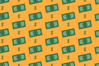 Dolar sembollü para nakit, sarı arka planda kusursuz desen. Yeşil banknot renkli karalama desenli arka plan. Çizgi film parasıyla izole edilmiş motif duvar kağıdı. Vektör İllüstrasyonu