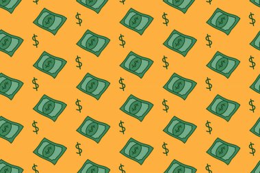 Dolar banknotu ve para birimi sembolü sarı arka planda renkli karalama deseni. Para ve dolar tabelaları kusursuz. Finansal para birimi izole edilmiş motif duvar kağıdı. Vektör İllüstrasyonu