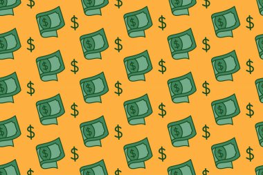 Çizgi filmlerdeki para demetleri sarı arka planda kusursuz desenler. Para rulosu ve dolar işareti renkli karalama kalıpları. Para destesi karikatürü izole motif duvar kağıdı. Vektör İllüstrasyonu