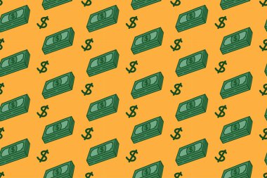 Para yığını ve sarı arka planda çizgi film çizimleri. Yeşil banknot karalamaları kusursuz bir arka plan. Nakit deste izole motif duvar kağıdı. Vektör İllüstrasyonu