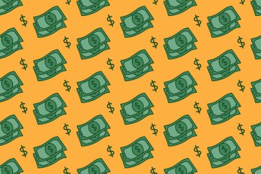 Dolar işaretli para yığını sarı arka planda renkli çizgi film deseni. Yeşil banknotlar karalama desensiz arkaplan dizer. Finansal nakit yığını izole edilmiş motif duvar kağıdı. Vektör İllüstrasyonu