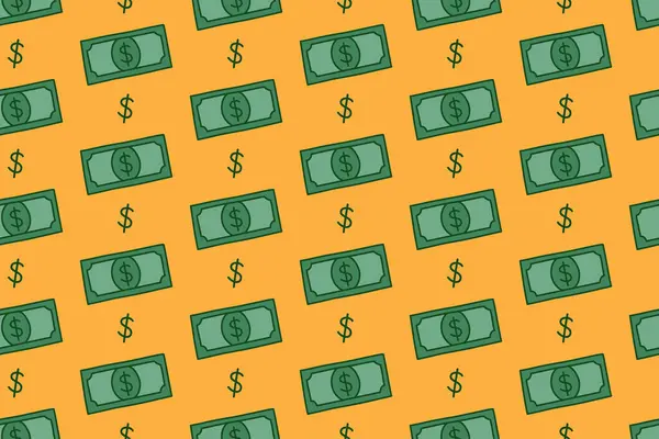 Dolar sembollü para nakit, sarı arka planda kusursuz desen. Yeşil banknot renkli karalama desenli arka plan. Çizgi film parasıyla izole edilmiş motif duvar kağıdı. Vektör İllüstrasyonu
